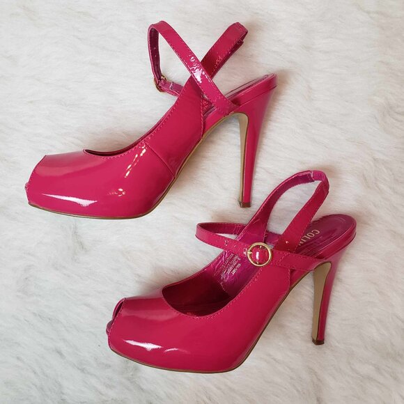 Colin Stuart Pink Patent Leather Platform Stiletto Peep Toe Slingback Heels - Picture 5 of 17